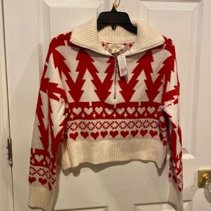 BNWT JESSICA SIMPSON Christmas Trees Hearts Half-Zip Sweater Women's Size M